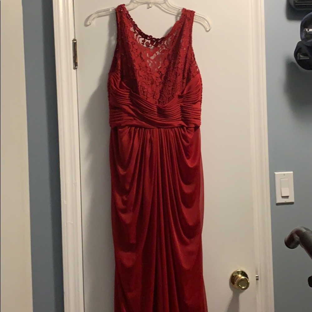 David’s bridal crimson dress.